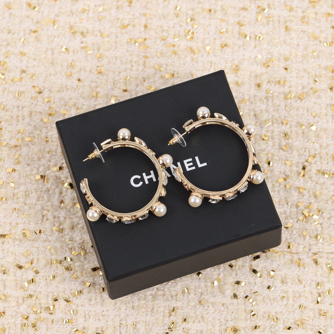 18K CC Pearl Crystal Earrings
