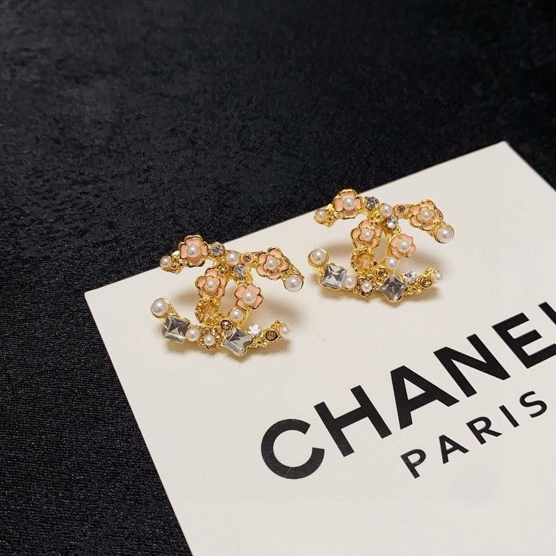 18K CC Pink Camellia Pearl & Gold Earrings
