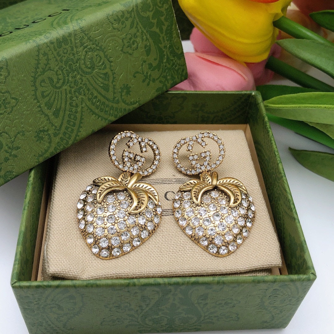 18K Double G Crystal Strawberry Pendant Earrings