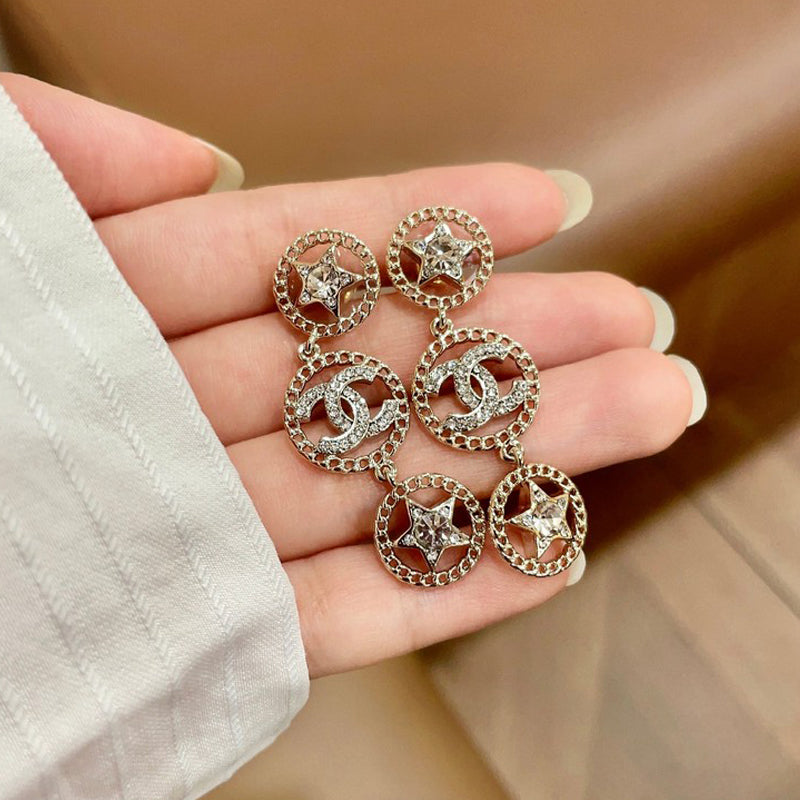 18K CC Star Diamond Long Earrings
