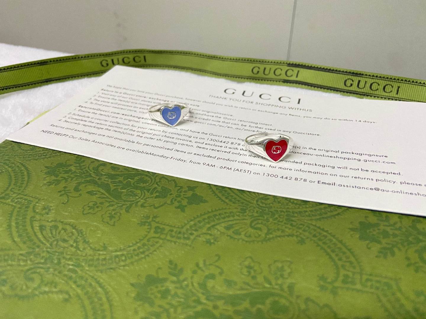 Double G Interlocking G Blue Enamel Heart Ring