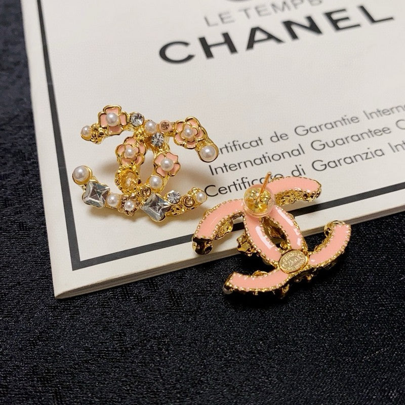 18K CC Pink Camellia Pearl & Gold Earrings
