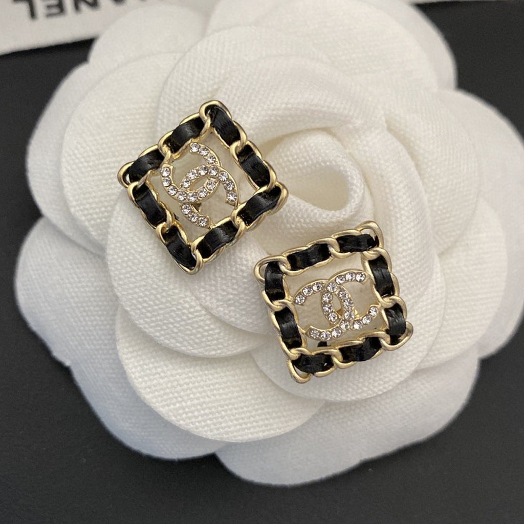 18K CC Square Leather Earrings