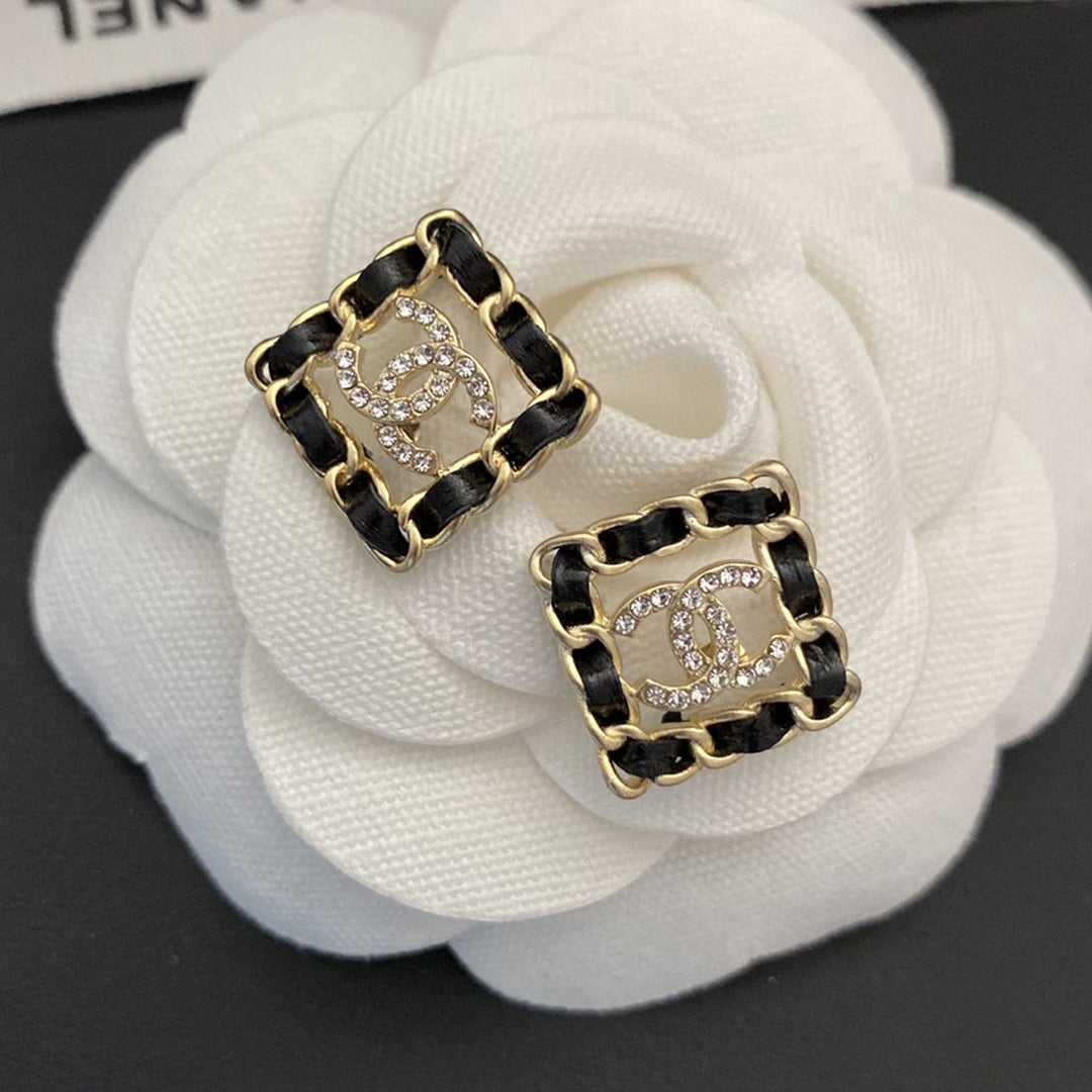 18K CC Square Leather Earrings