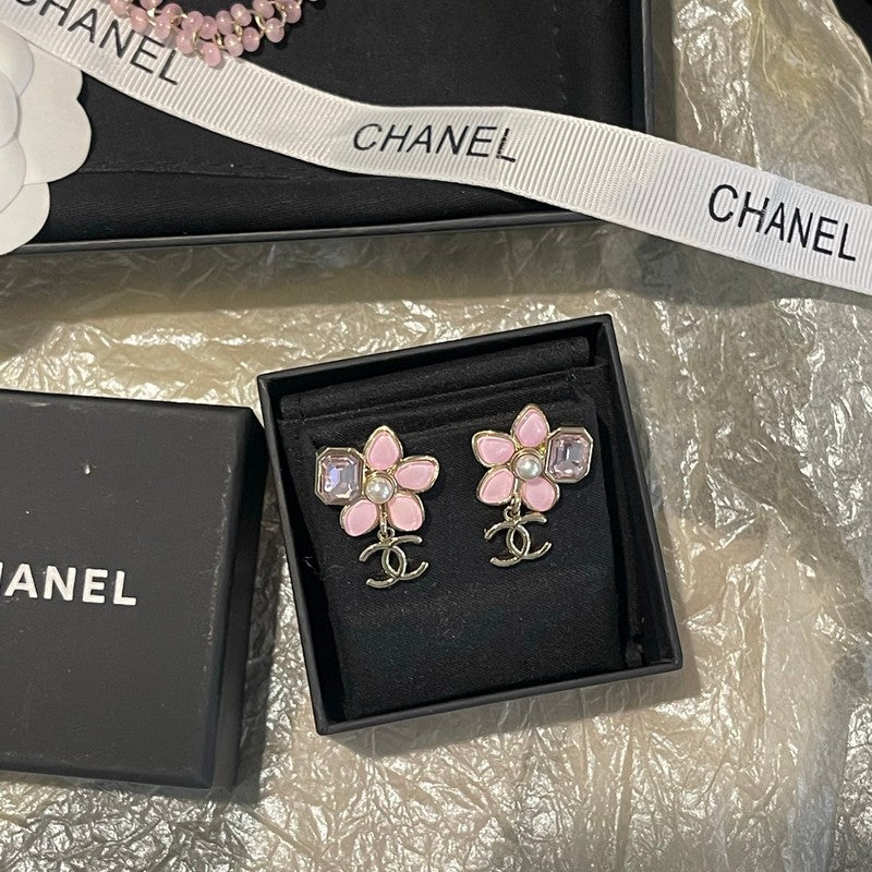 18K CC Pink Flower Gold Earring