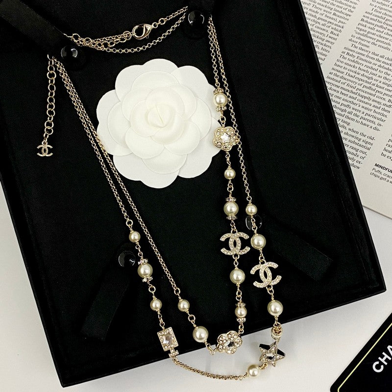 18K CC Long Diamond & Pearl Necklace