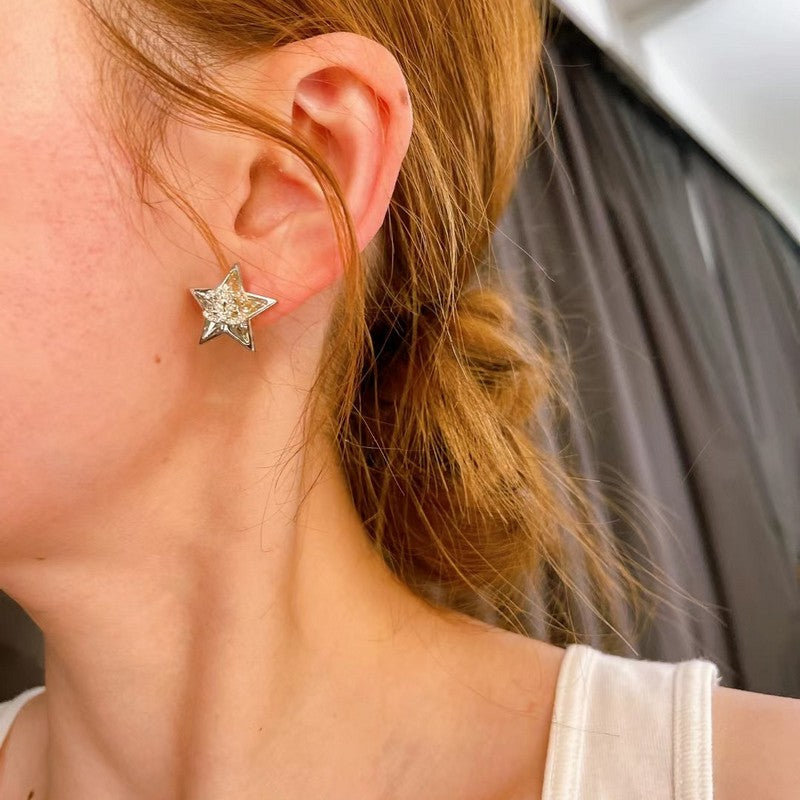18K CC Star Diamond White Gold Earrings