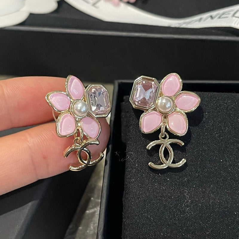 18K CC Pink Flower Gold Earring
