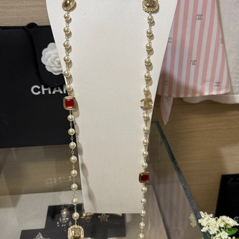 18K CC Long Pearl Red Crystals Necklace
