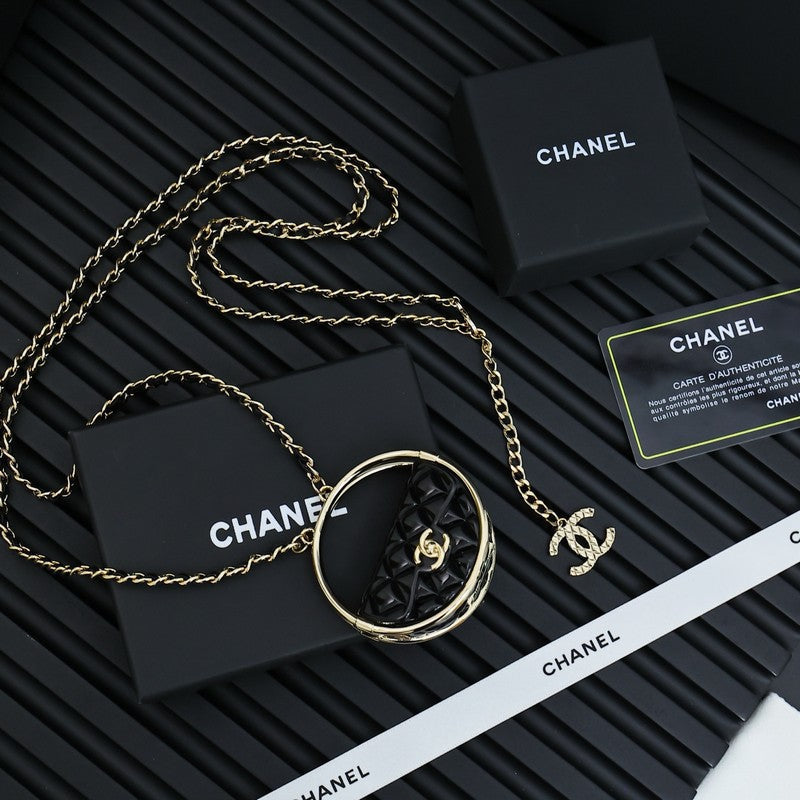 18K CC Black Bag Long Leather Necklace