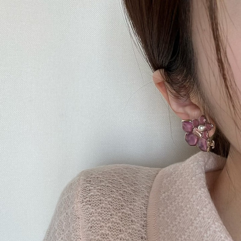 18K CC Pink Flower Gold Earring