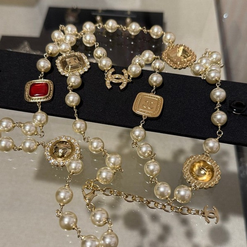 18K CC Long Pearl Red Crystals Necklace