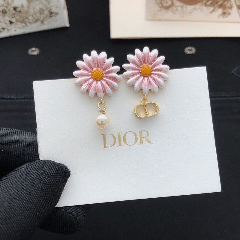18K CD Pink Sun Flower Pearl Earrings