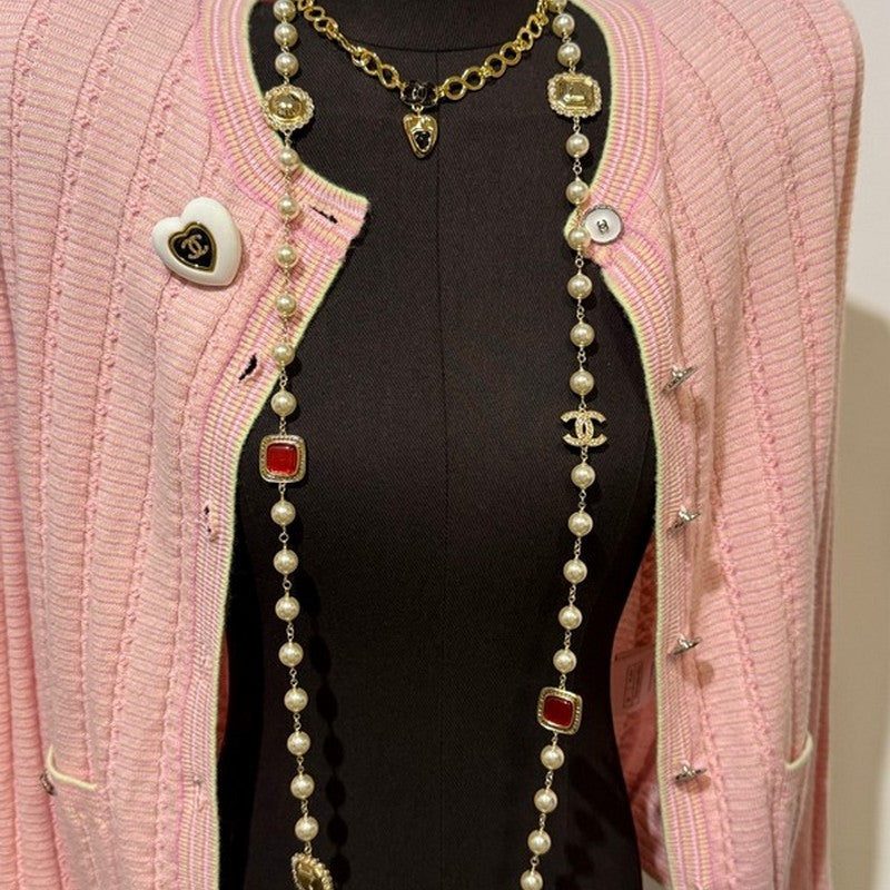 18K CC Long Pearl Red Crystals Necklace