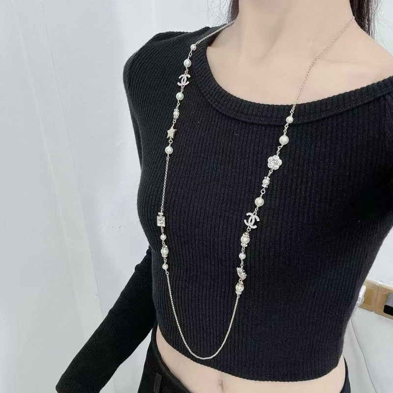 18K CC Long Diamond & Pearl Necklace
