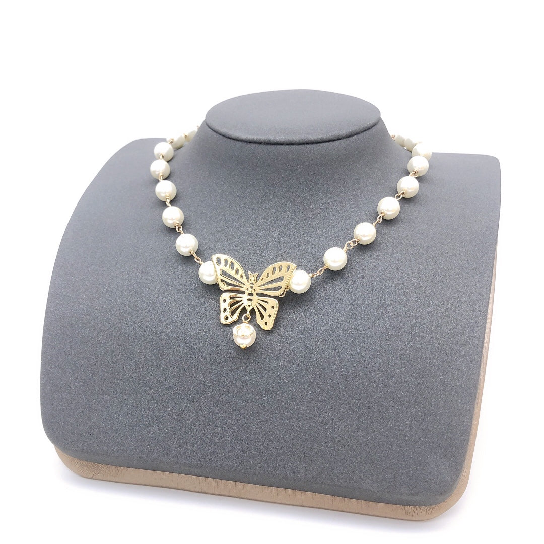 18K CD Butterfly Pearl Chain Necklace
