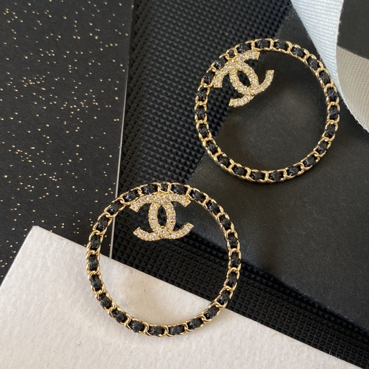 18K CC Black Leather Circle Earrings