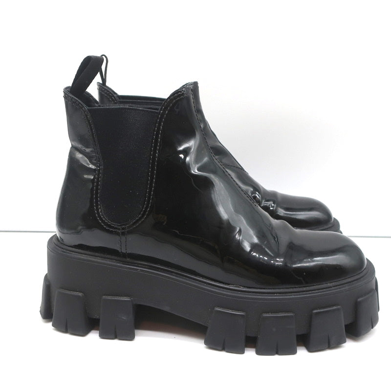 Prada Monolith Chelsea Boots Black Patent Leather Size 36