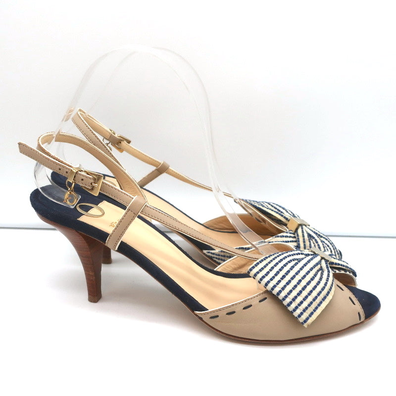 O Jour Asymmetric Bow Sandals Taupe Leather Size 41 Peep Toe Slingback Heels