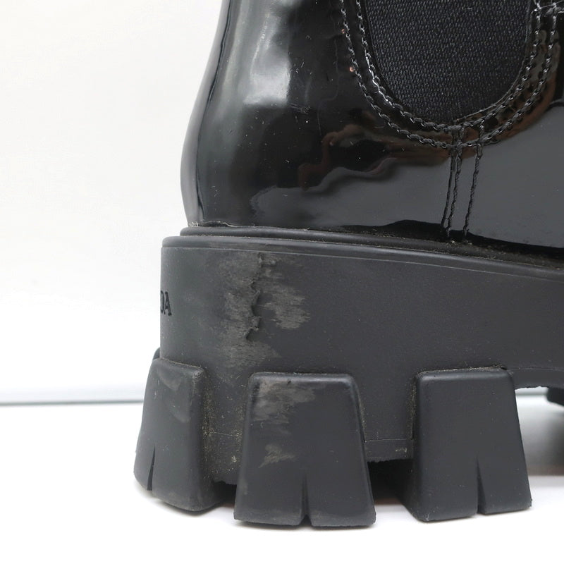 Prada Monolith Chelsea Boots Black Patent Leather Size 36
