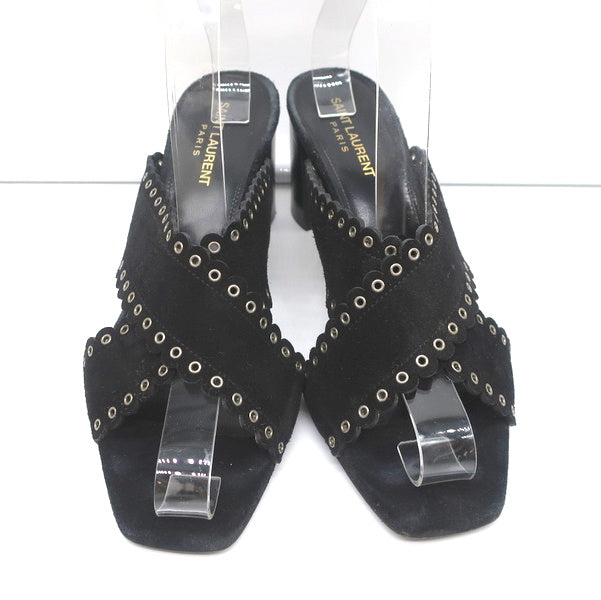 Saint Laurent Loulou Slide Sandals Black Eyelet-Trim Suede Size 39.5 High Heel