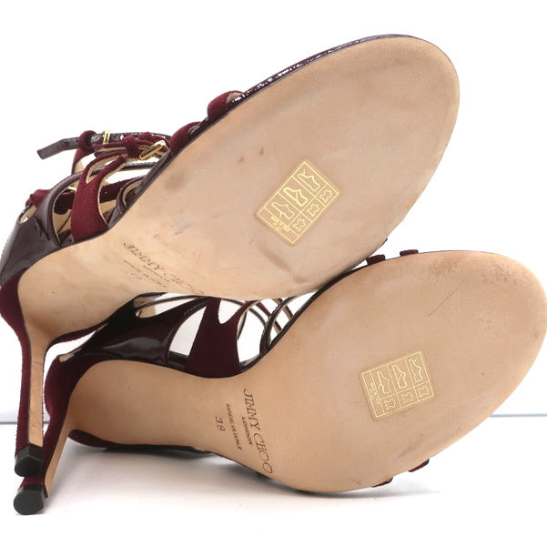 Jimmy Choo Strappy Sandals Burgundy Patent & Suede Size 39 Open Toe Heel NEW