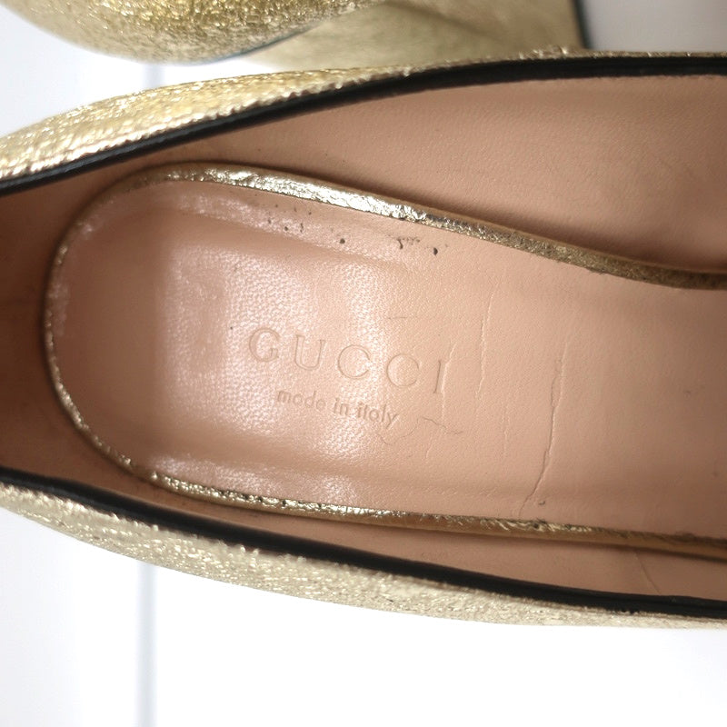 Gucci GG Marmont Fringed Pumps Gold Metallic Cracked Leather Size 36.5